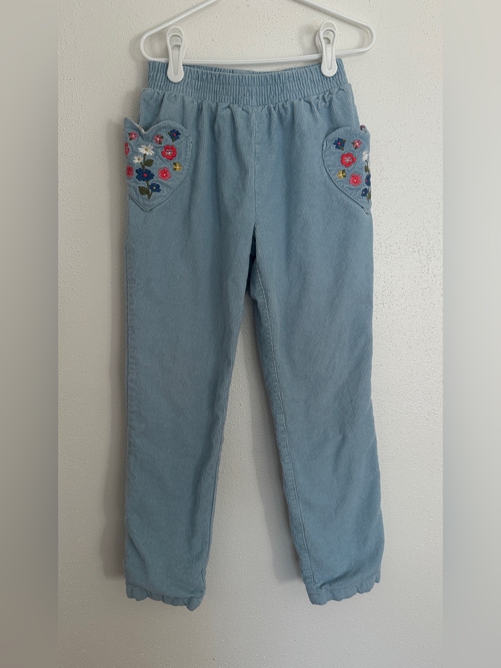 Mini Boden Girls Floral Embroidered Corduroy Heart Pocket Pants Lined Blue 7-8